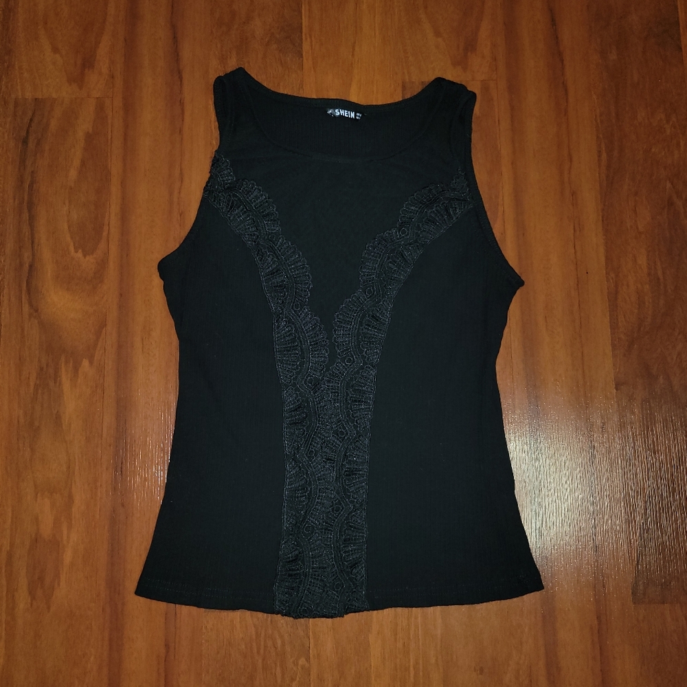 Shein ribbed tank with embroidery and mesh details
